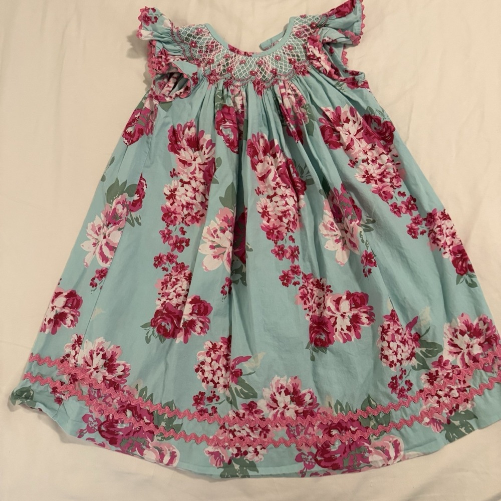 Smocked Auctions Teal Pink Floral Print Smocked Angel Sleeve Dress Size 3T Girls